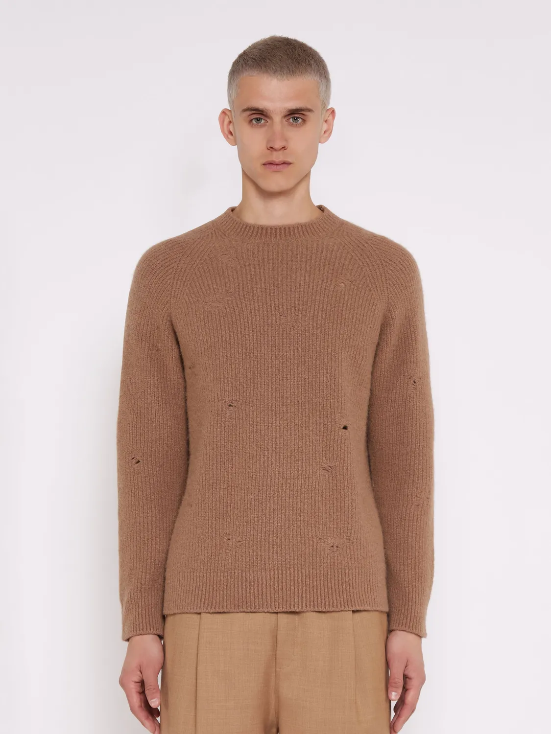 Laneus Destroyed English Rib Boxy Crewneck sweater camel uld
