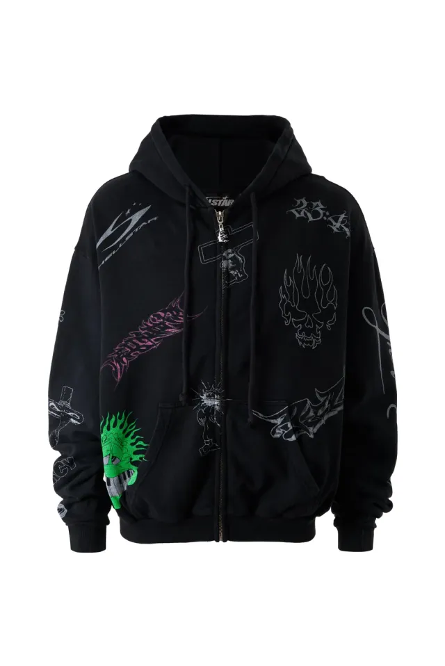 Hellstar Graffiti Zip-Up hættetrøje sort fleece