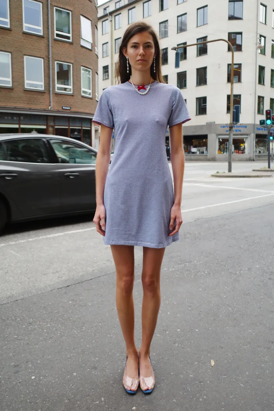 Caro Editions Jersey T-shirt kjole navy stribet bomuld