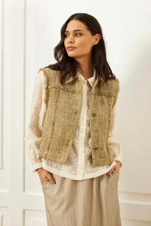 IN FRONT Florence vest beige frynser