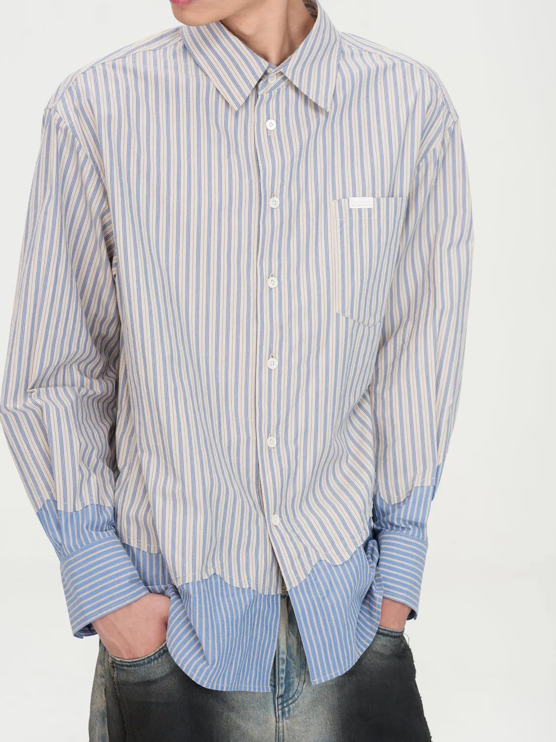 Feng Chen Wang Striped Patchwork skjorte beige løs pasform