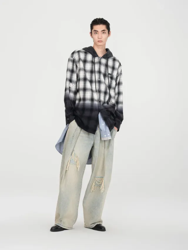 Feng Chen Wang Black Grey Plaid skjorte hætte