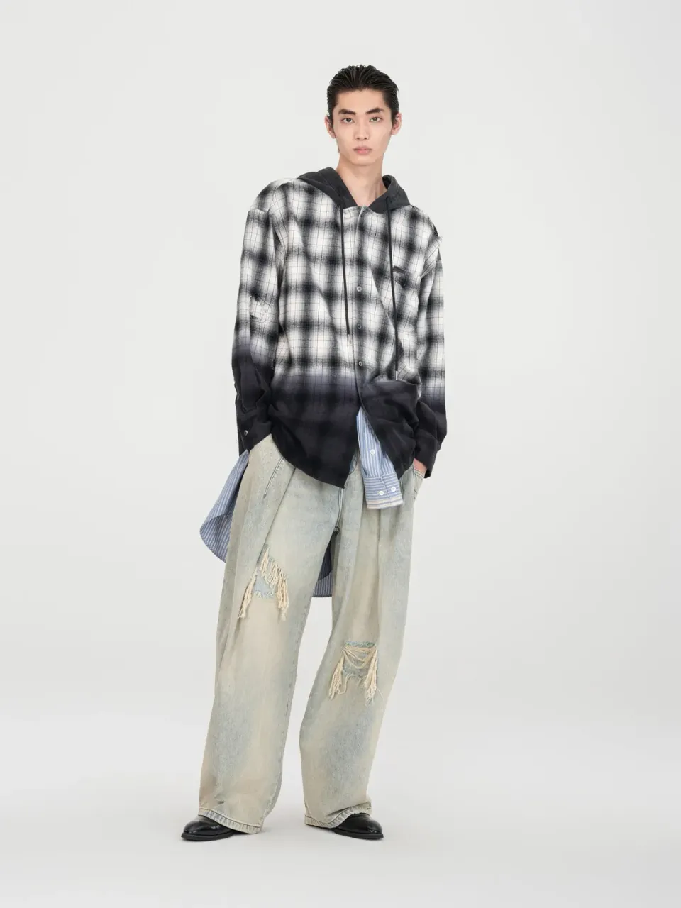 Feng Chen Wang Black Grey Plaid skjorte hætte