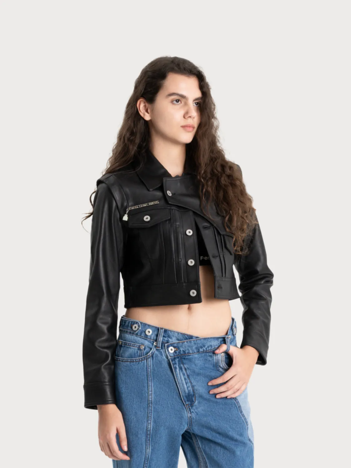 Feng Chen Wang lammeskindsjakke dame padded shoulder