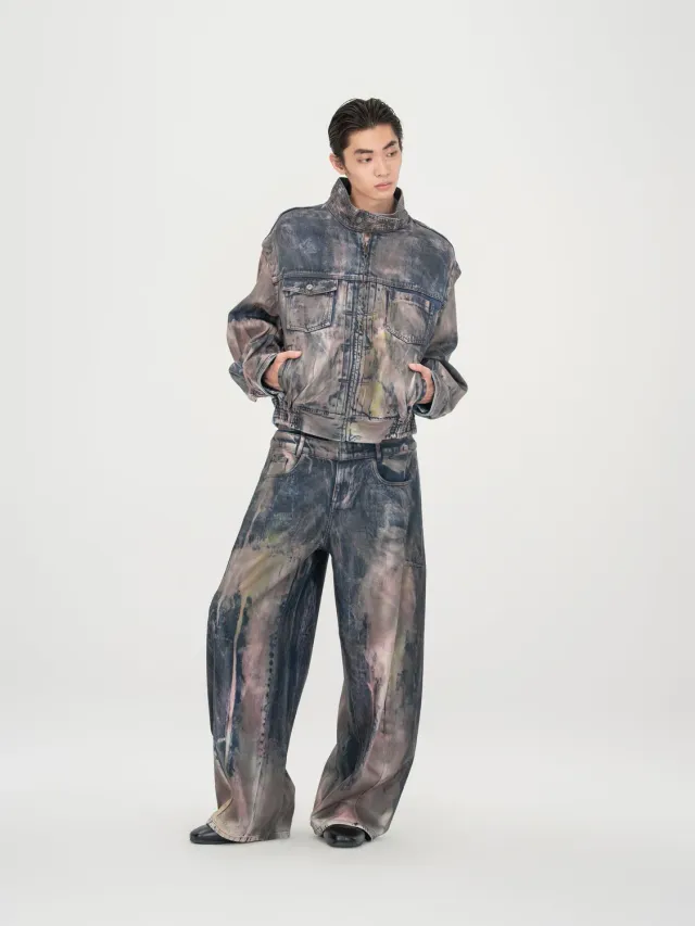 Feng Chen Wang Tie-Dyed Coated denimjakke brun standkrave