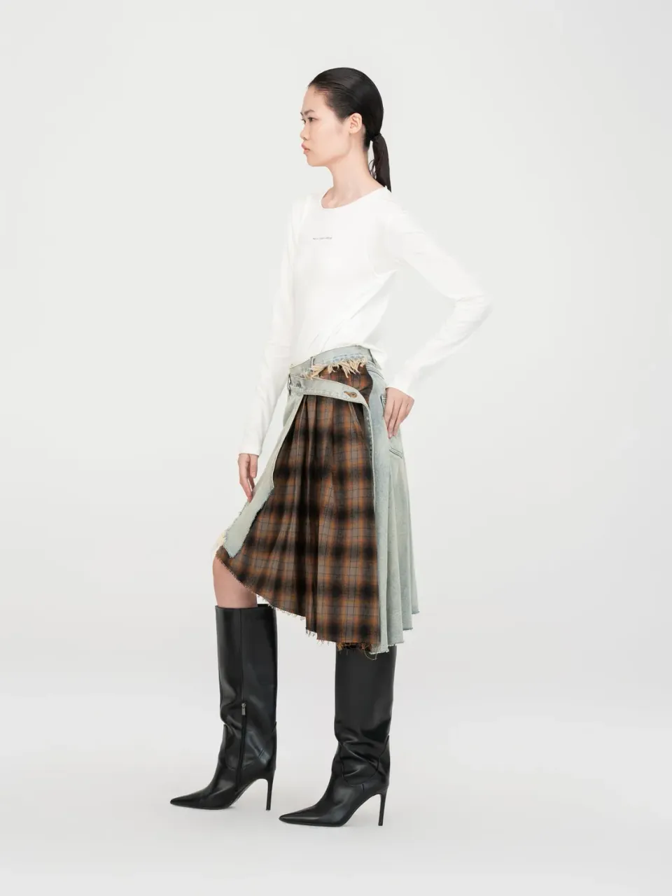 Feng Chen Wang Denim Plaid slåskørt dekonstrueret