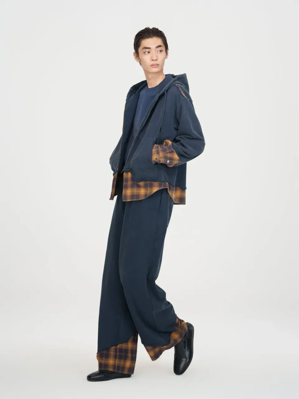 Feng Chen Wang Navy Plaid hættetrøje ternet lynlås