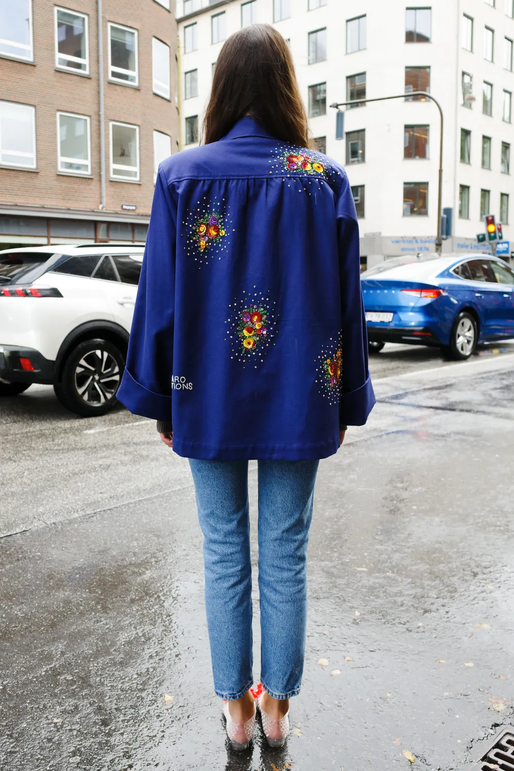 Caro Editions Anna Short Coat jakke blå broderet bomuld