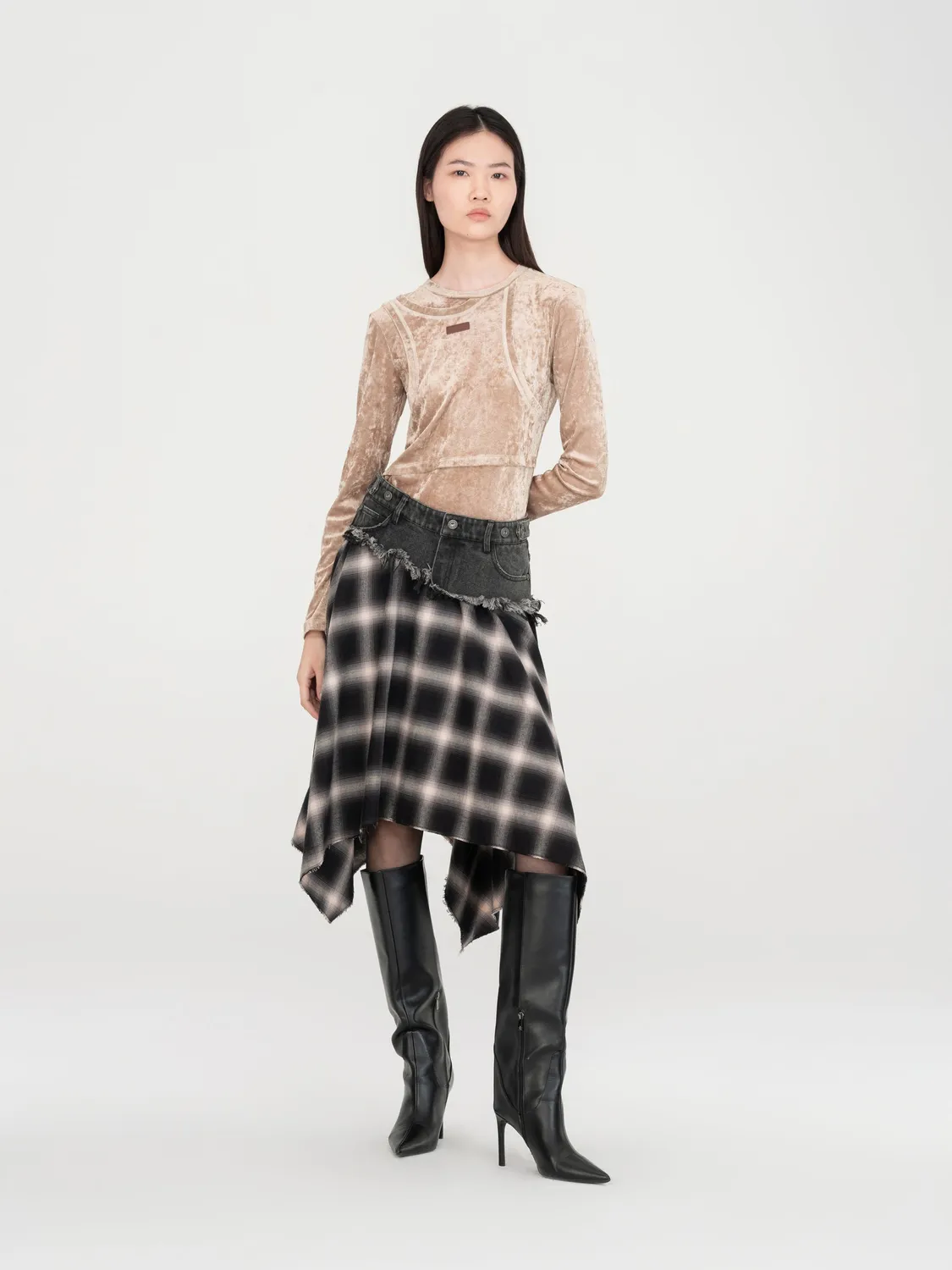 Feng Chen Wang 2 In 1 Denim Plaid Midi Nederdel ternet