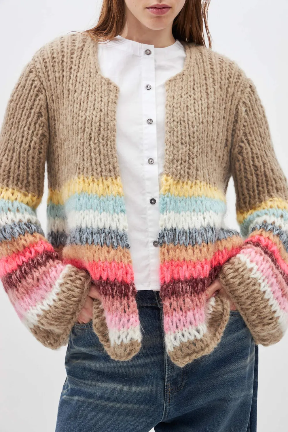 DAWN x DARE Fallulah 992 Peat Multi cardigan beige mohair