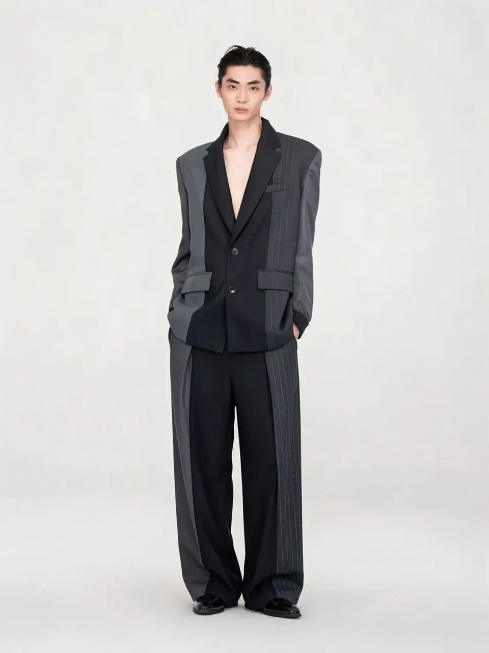 Feng Chen Wang tailored bukser sort-grå stribet