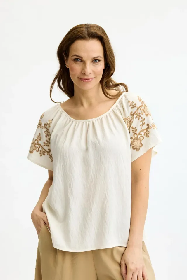 IN FRONT June sommerbluse korte ærmer broderi