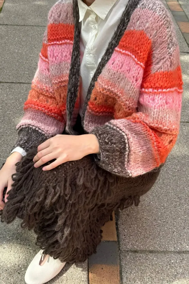DAWNXDARE Edda cardigan strikcardigan coral pink stribet