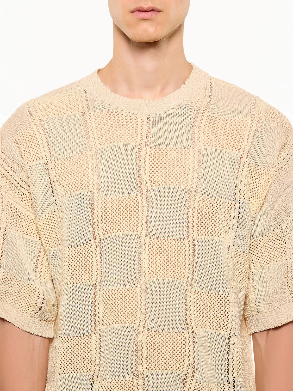 Laneus strikket t-shirt beige ternet boxy