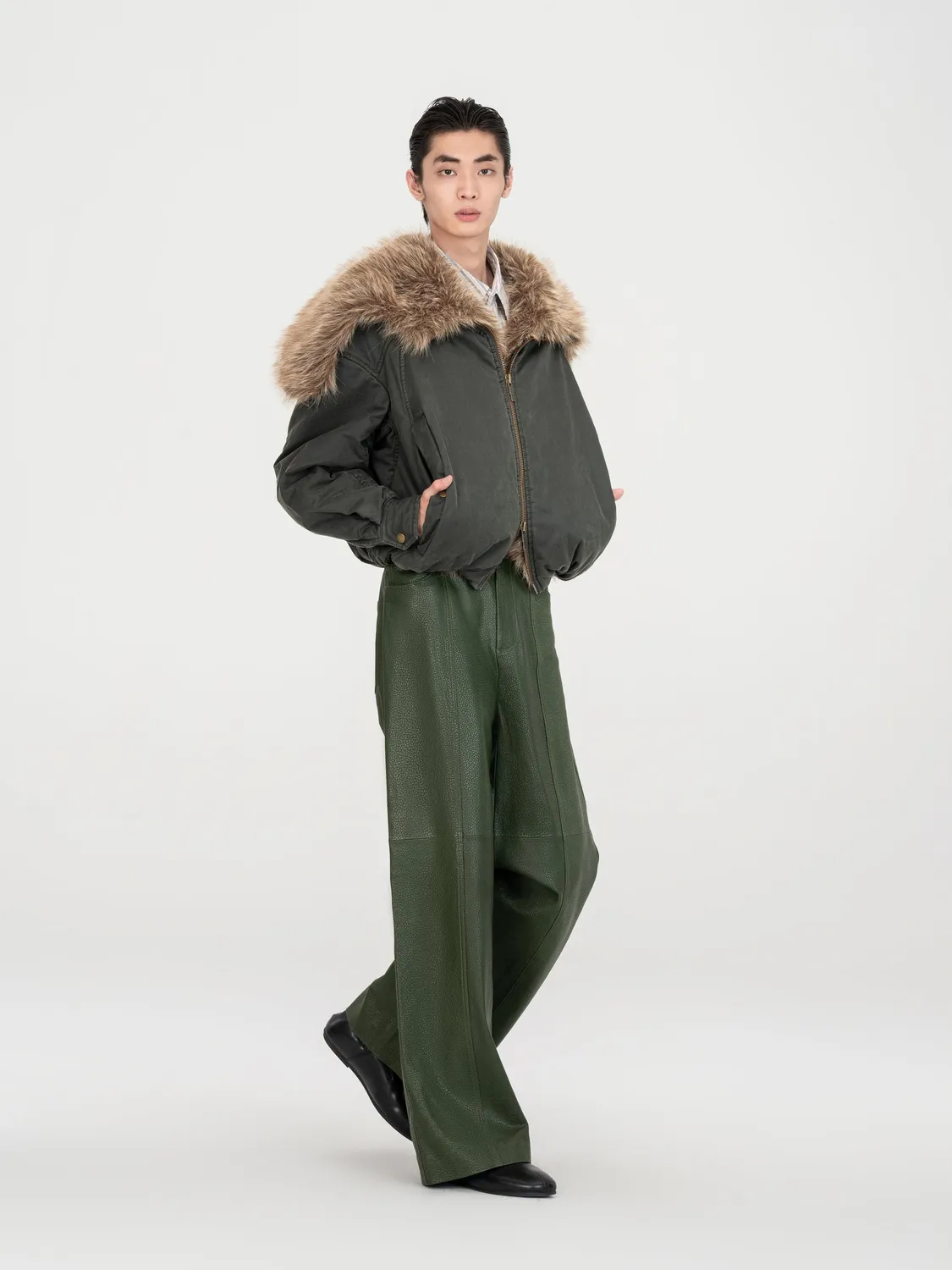 Feng Chen Wang Straight-Leg Casual læderbukser grøn
