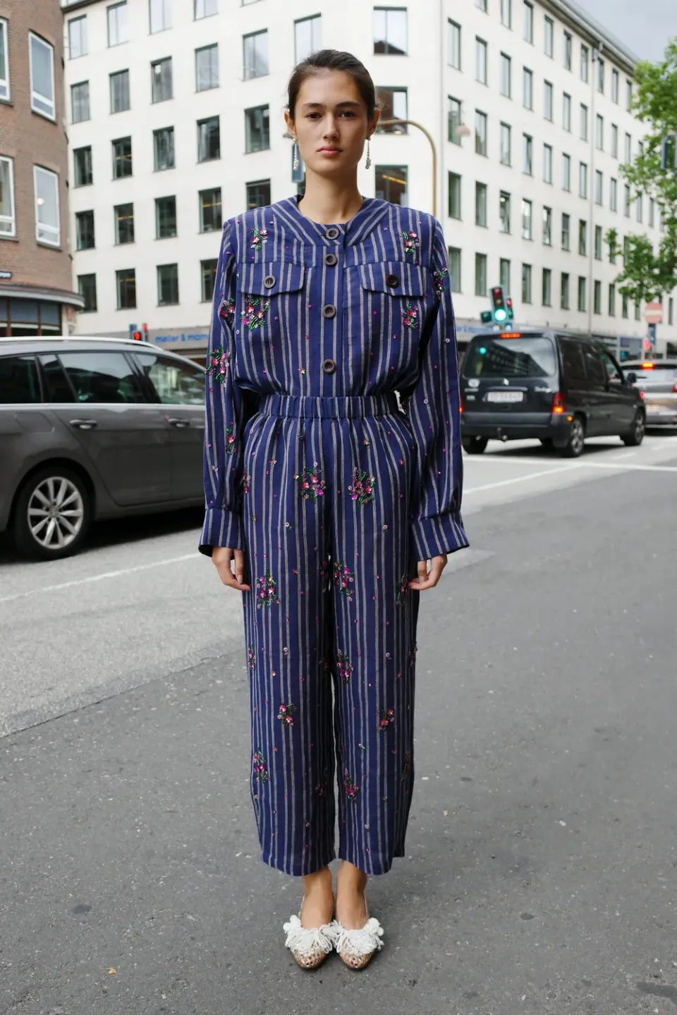 Caro Editions Coco Navy Striped bukser navy hør broderi