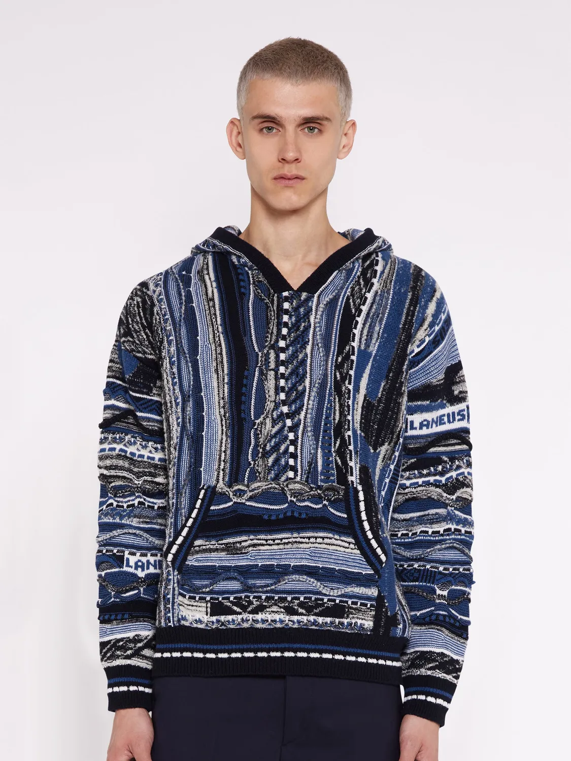Laneus Boxy Jacquard hoodie blå merinould 44