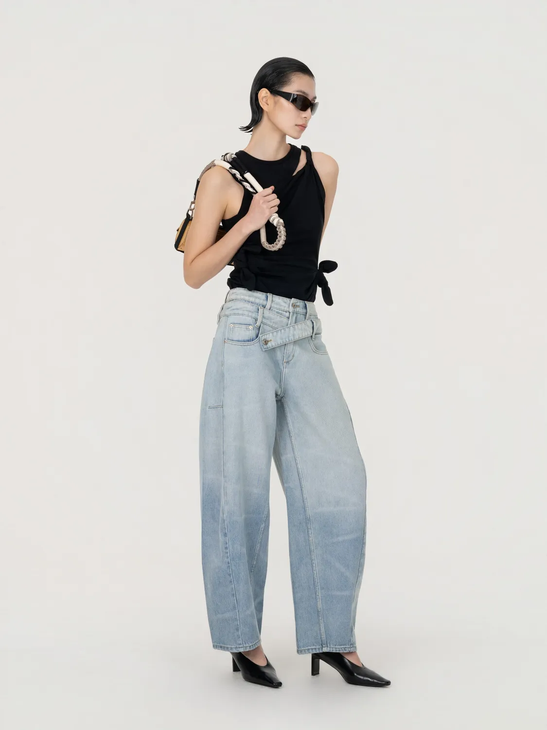 Feng Chen Wang Double Waist Denim Trousers denimbukser blå