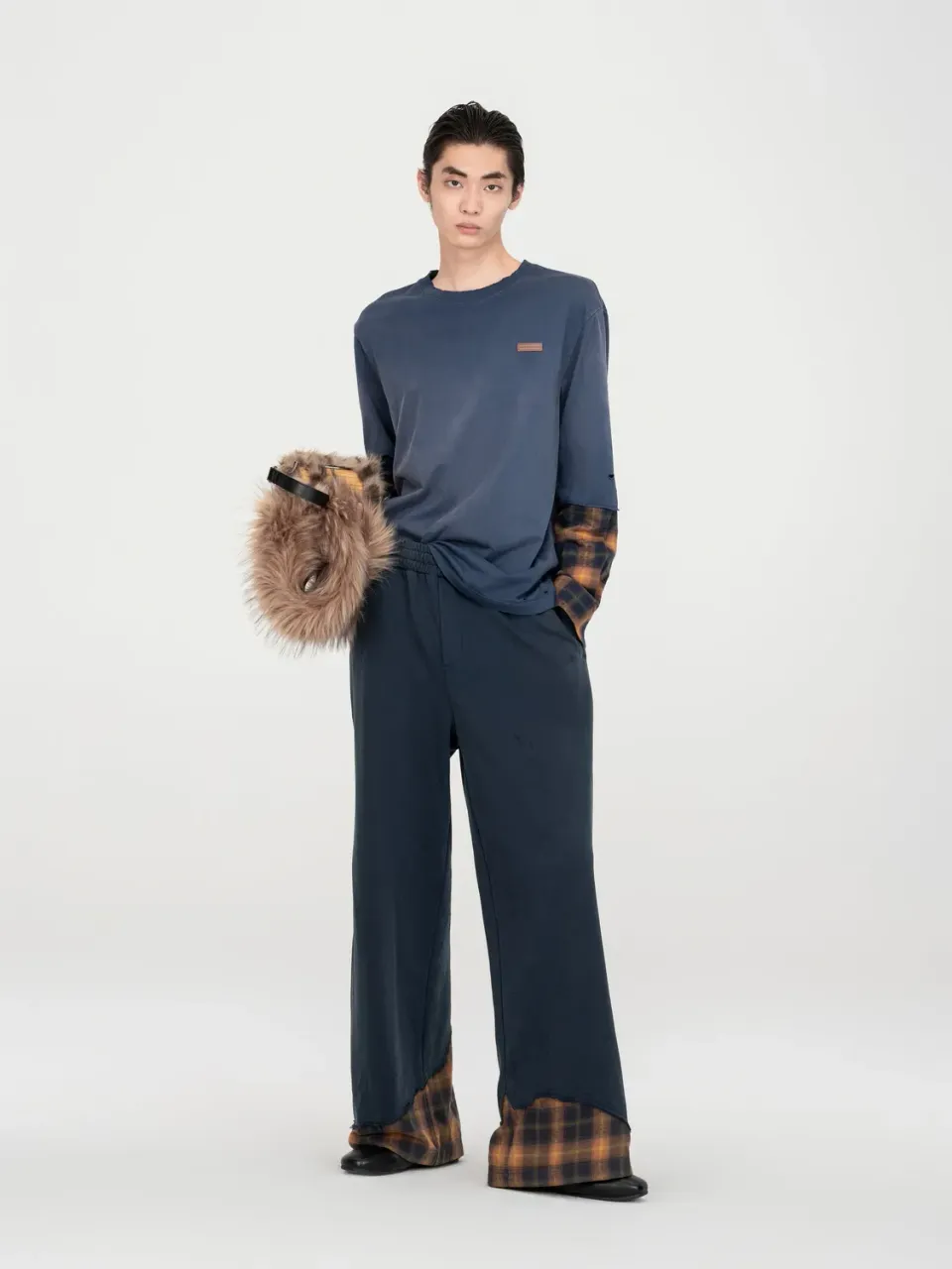 Feng Chen Wang Navy Plaid-Panel bukser ternet