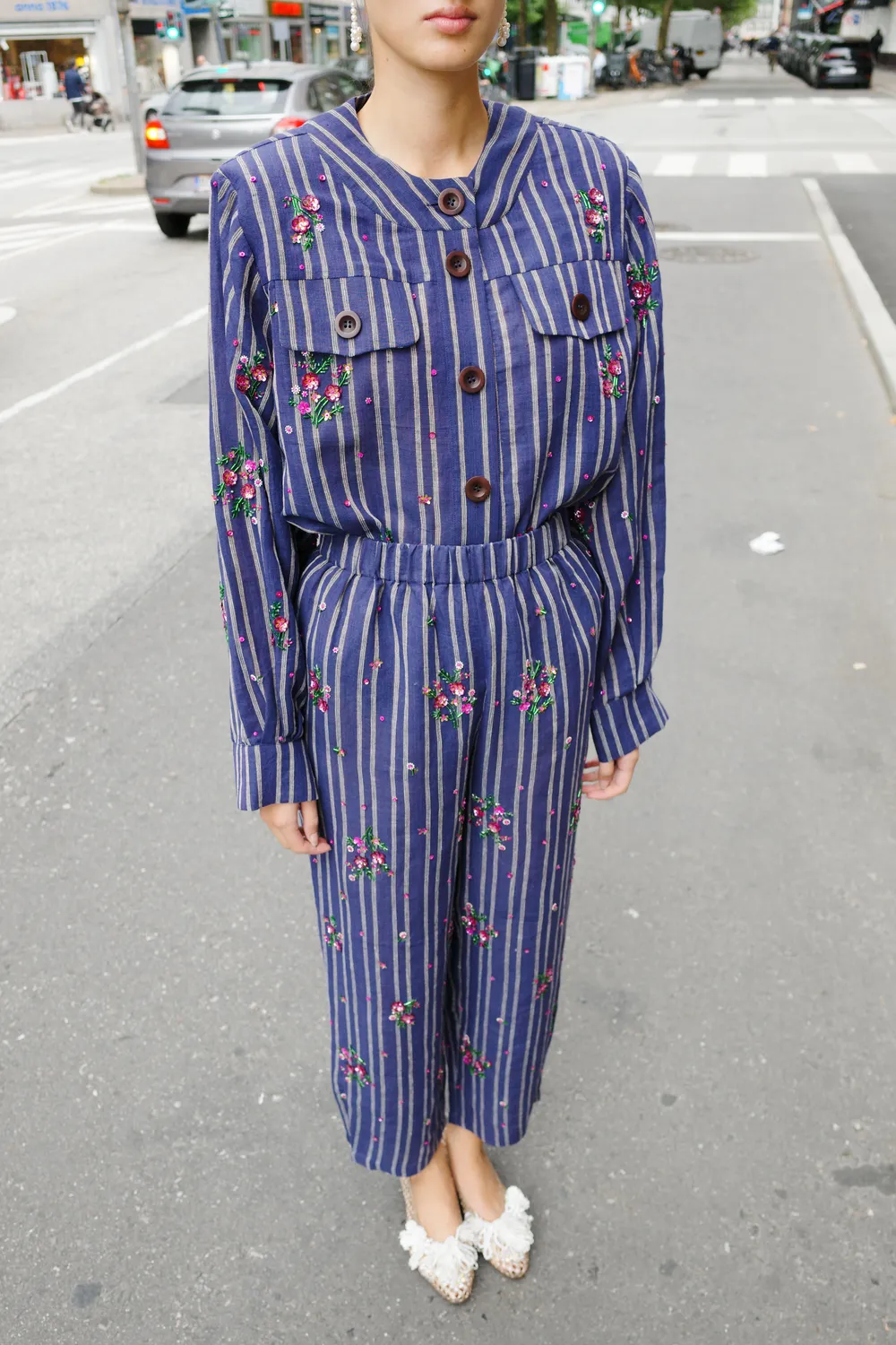Caro Editions Coco Navy Striped bukser navy hør broderi