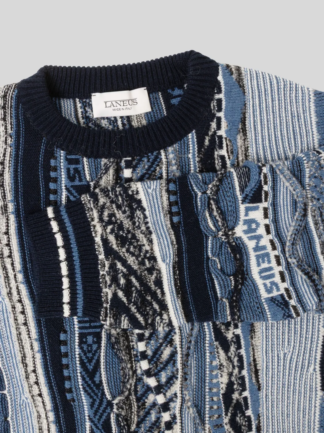 Laneus strik blå jacquard boxy merinould