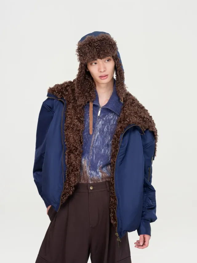 Feng Chen Wang Navy Nylon jakke pels krave foret