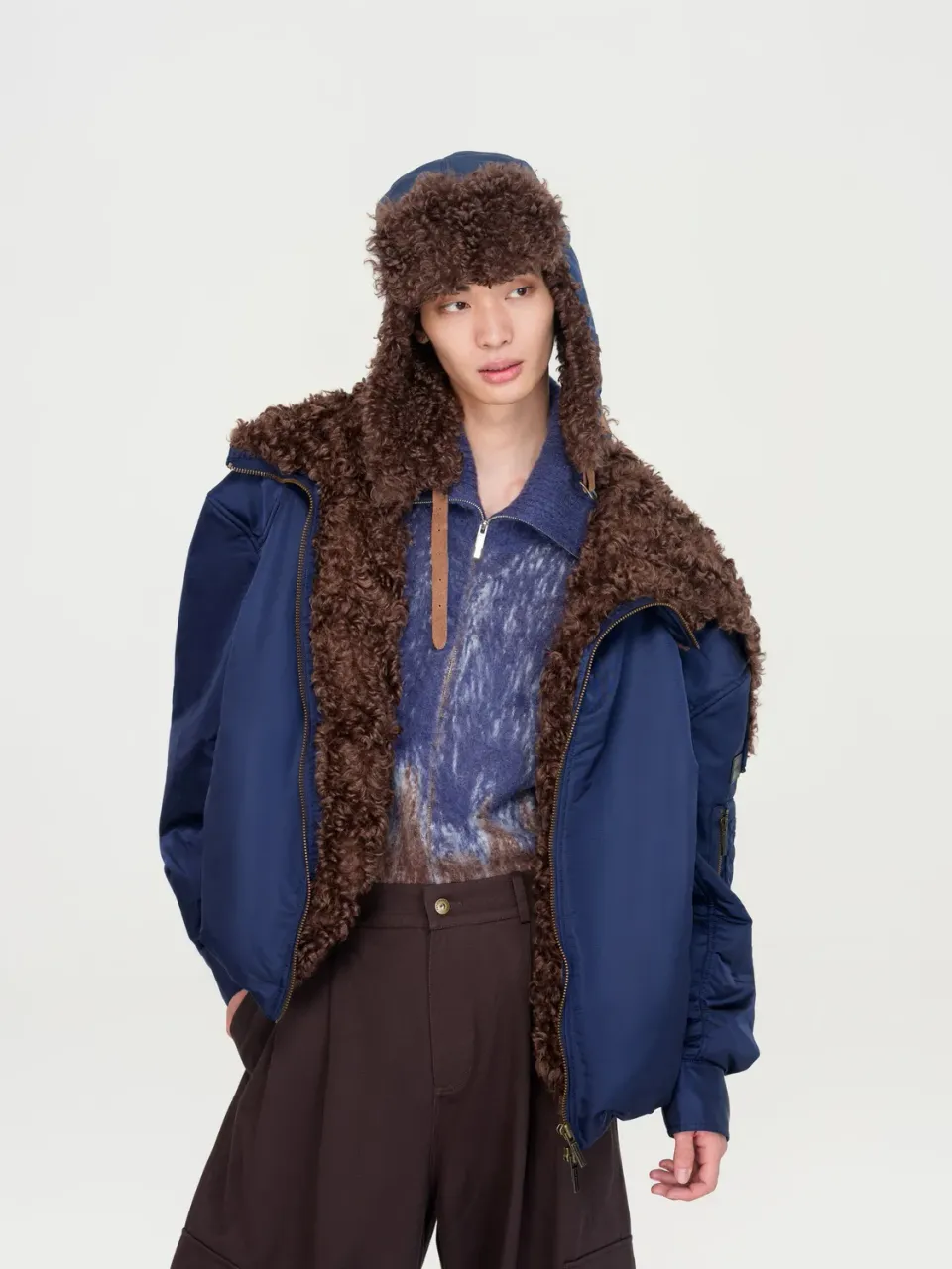 Feng Chen Wang Navy Nylon jakke pels krave foret