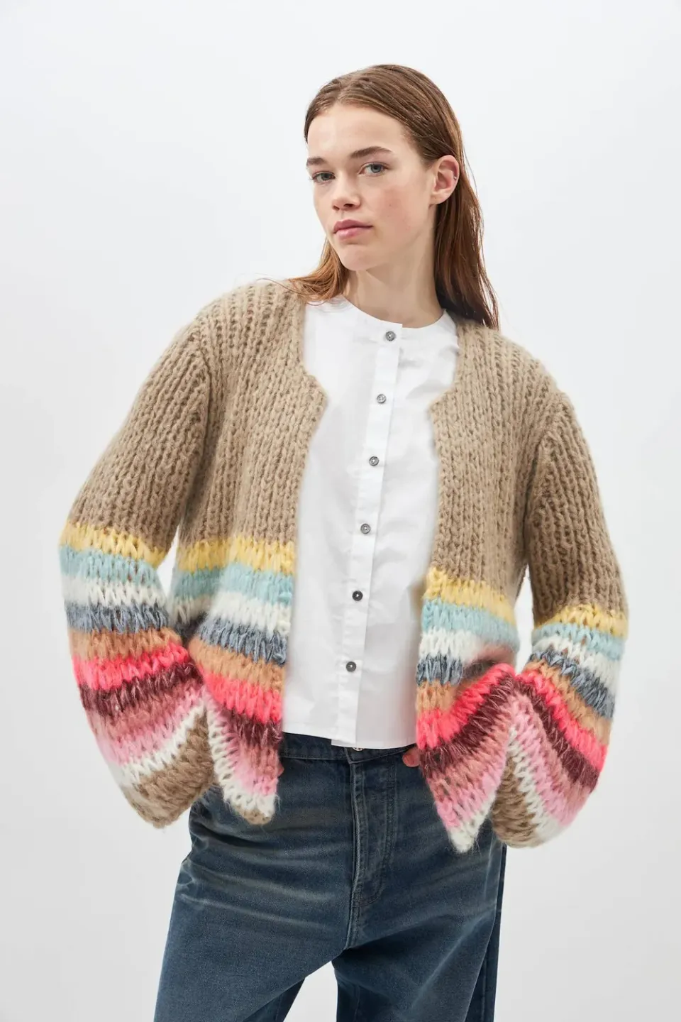 DAWN x DARE Fallulah 992 Peat Multi cardigan beige mohair