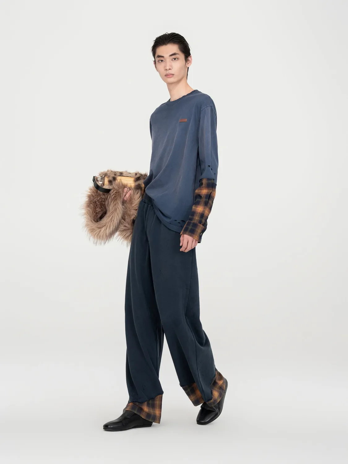 Feng Chen Wang Navy Plaid-Panel bukser ternet