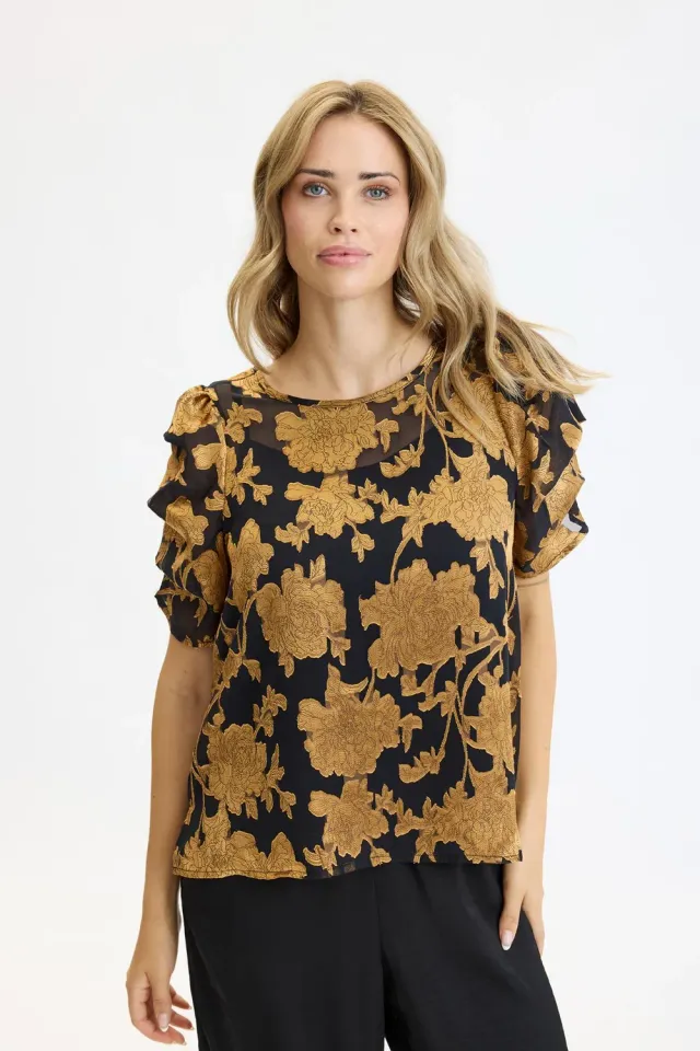 IN FRONT Elena bluse transparent guldmønster