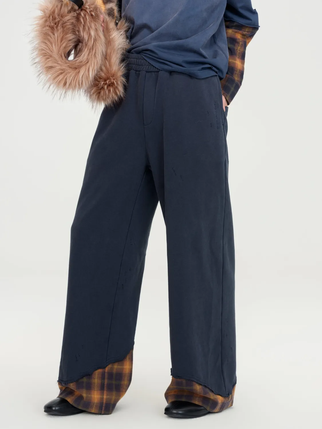 Feng Chen Wang Navy Plaid-Panel bukser ternet