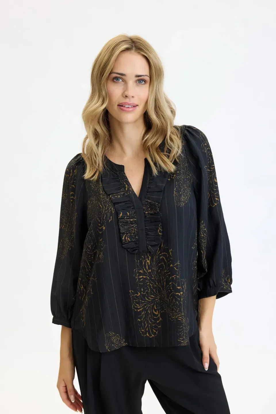 IN FRONT Riis bluse print V-hals flæser