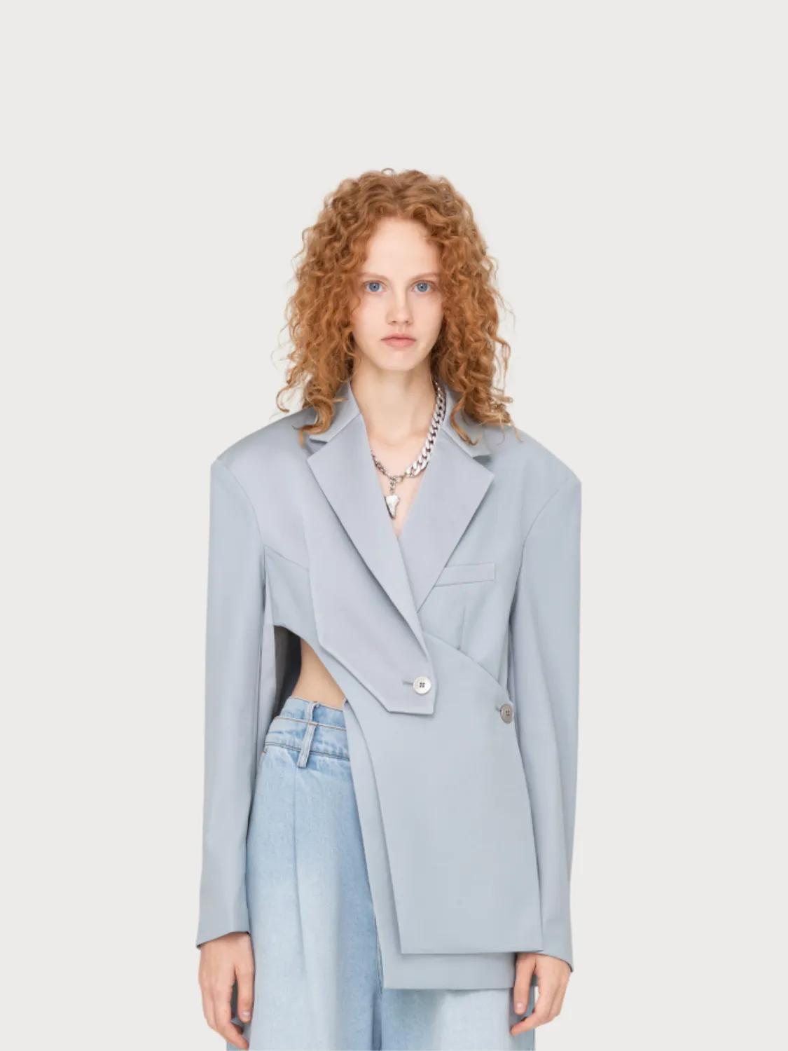 Feng Chen Wang Grey Satin Wool blazer grå XS-XL lagdelt