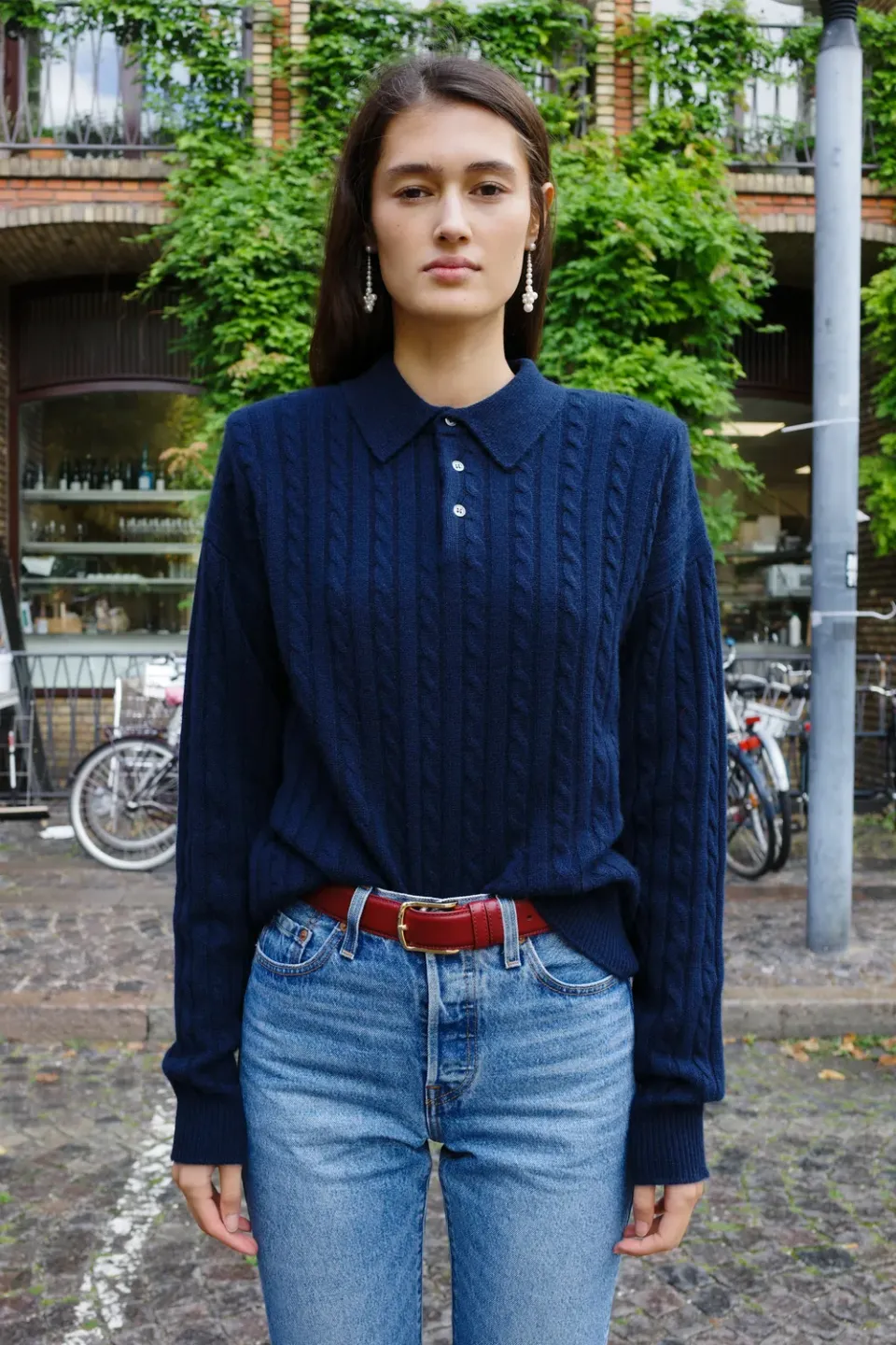Caro Editions Cable-Knit Polo poloskjorte navy cashmere