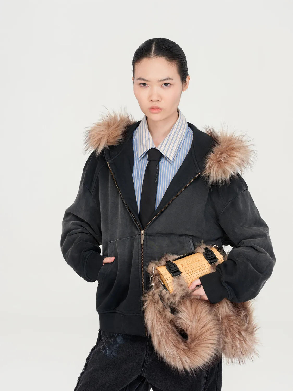 Feng Chen Wang fur-trim zip-up hoodie sort-grå