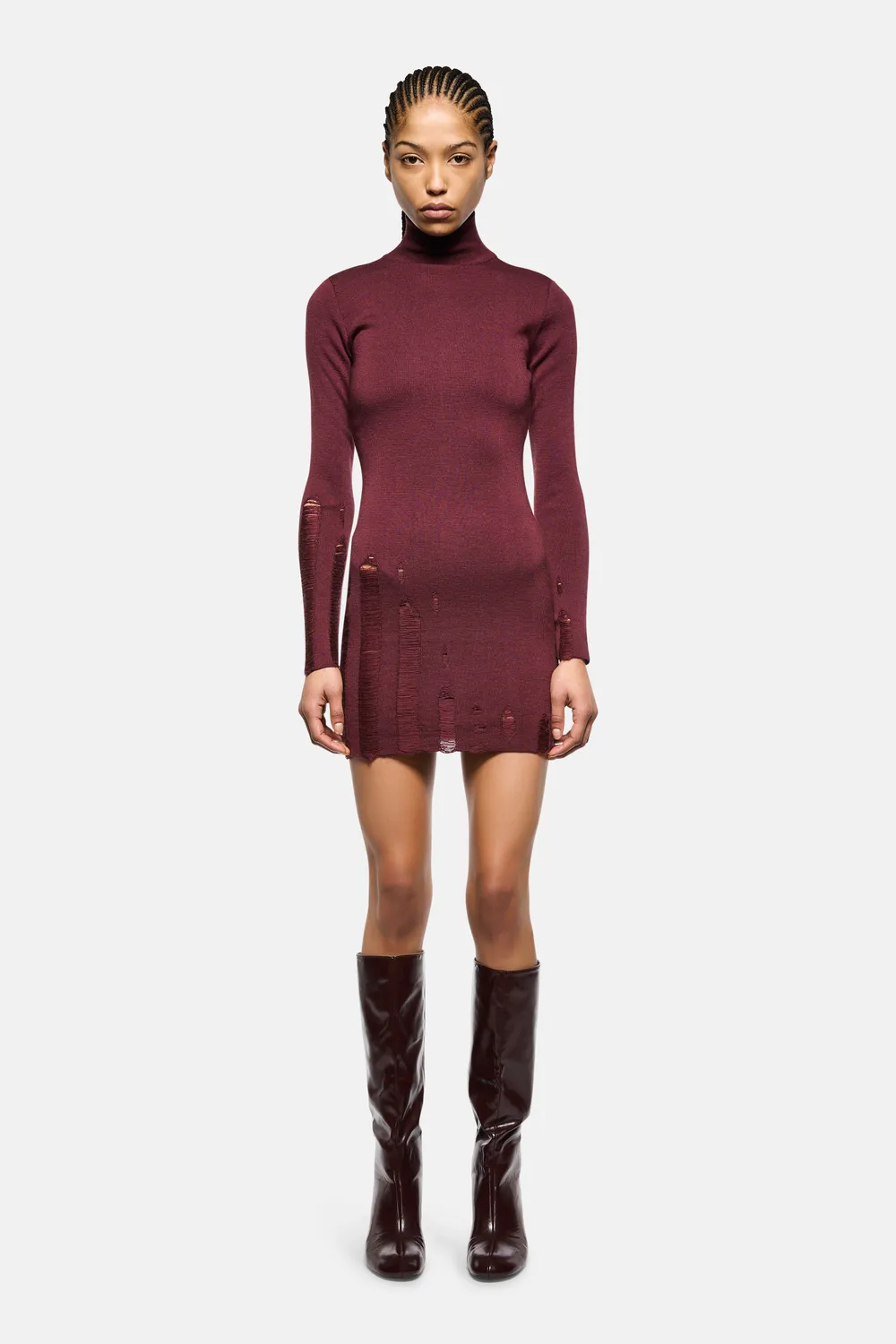 Laneus Destroyed turtleneck kjole bordeaux merinould
