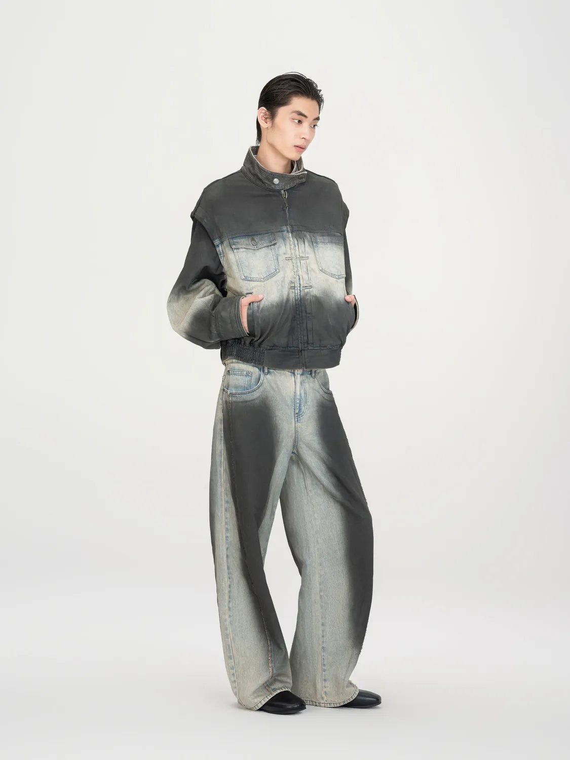 Feng Chen Wang Ombre denimjakke blå-sort cropped