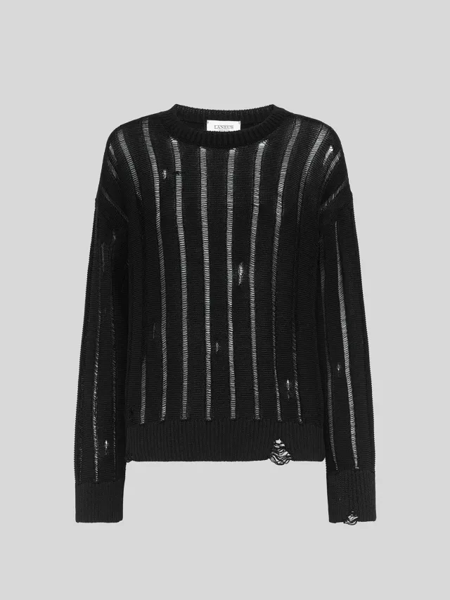 Laneus Destroyed Crew Neck striktrøje sort økologisk bomuld