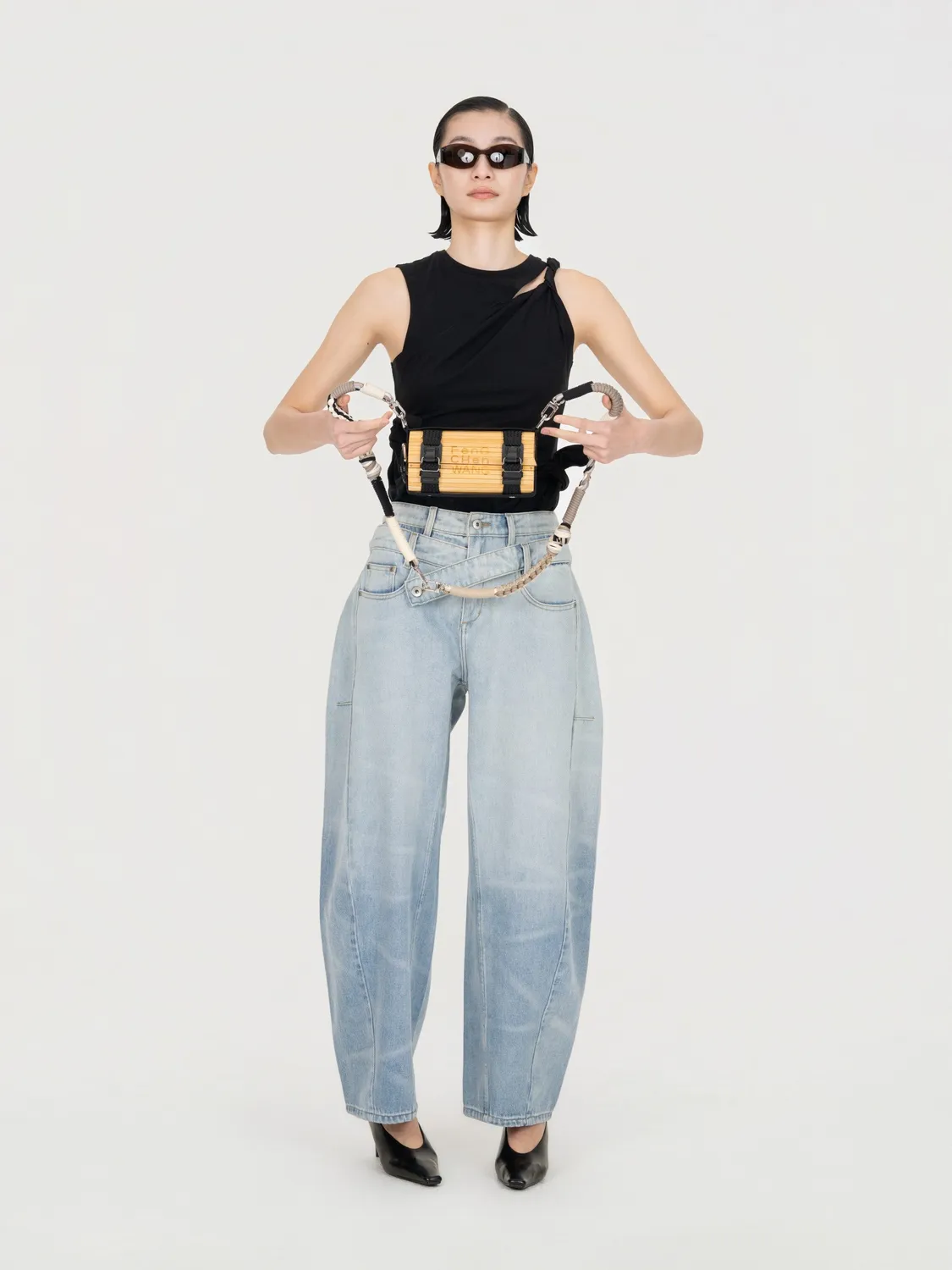 Feng Chen Wang Double Waist Denim Trousers denimbukser blå