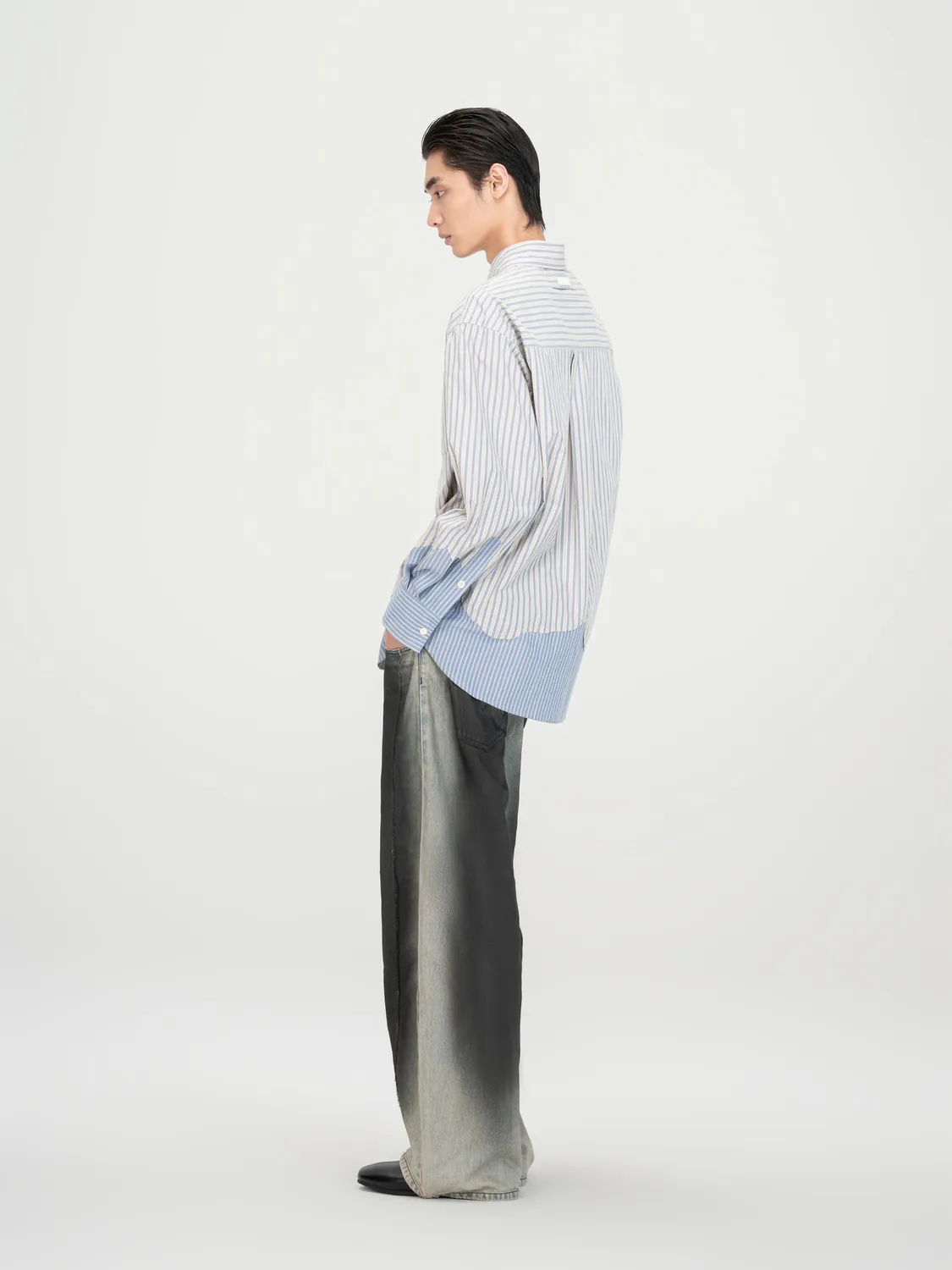 Feng Chen Wang Striped Patchwork skjorte beige løs pasform