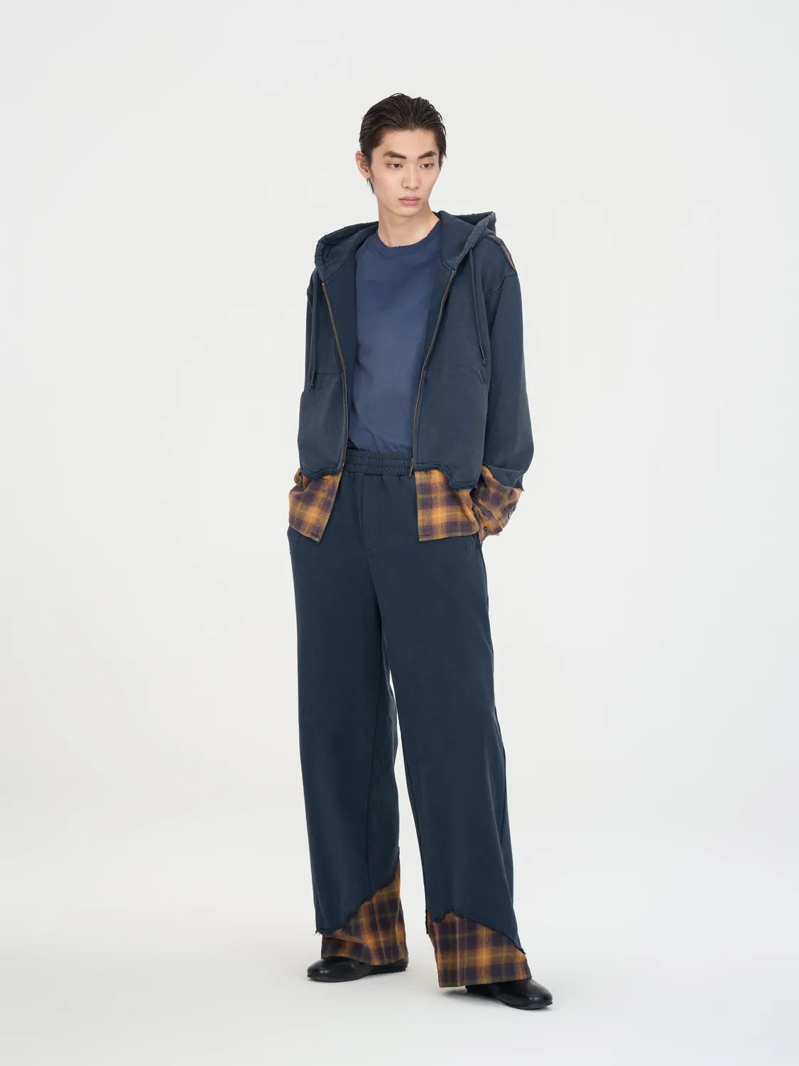 Feng Chen Wang Navy Plaid hættetrøje ternet lynlås
