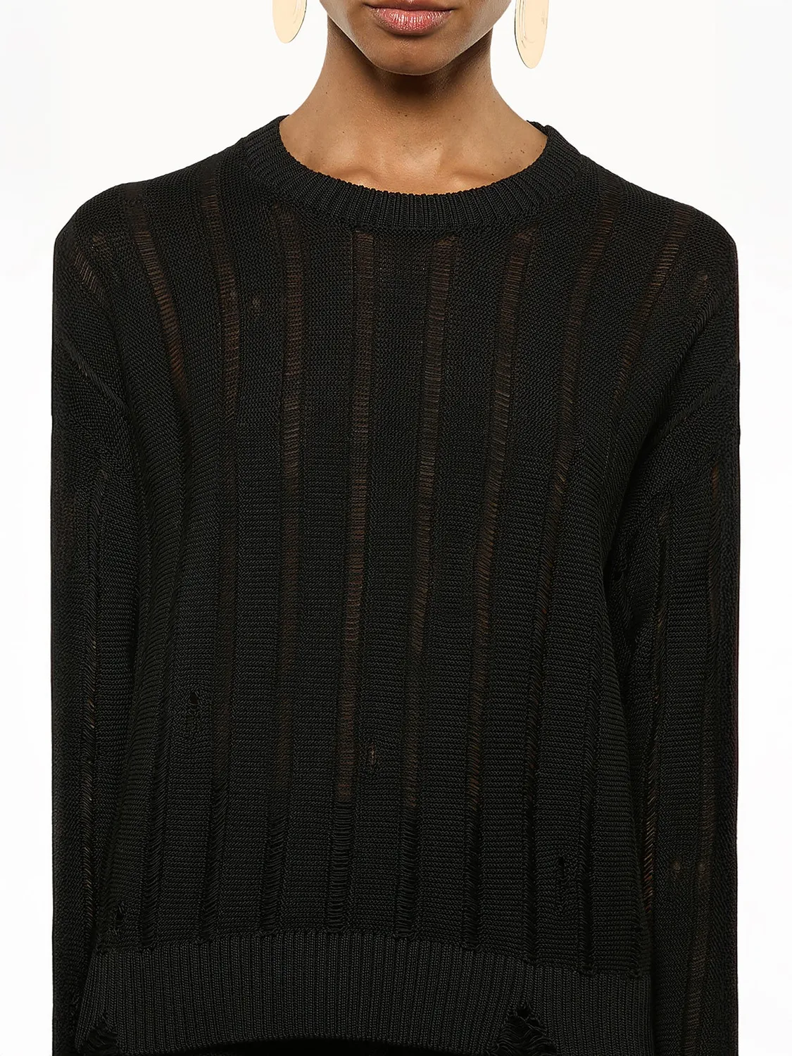 Laneus Destroyed Crew Neck striktrøje sort økologisk bomuld