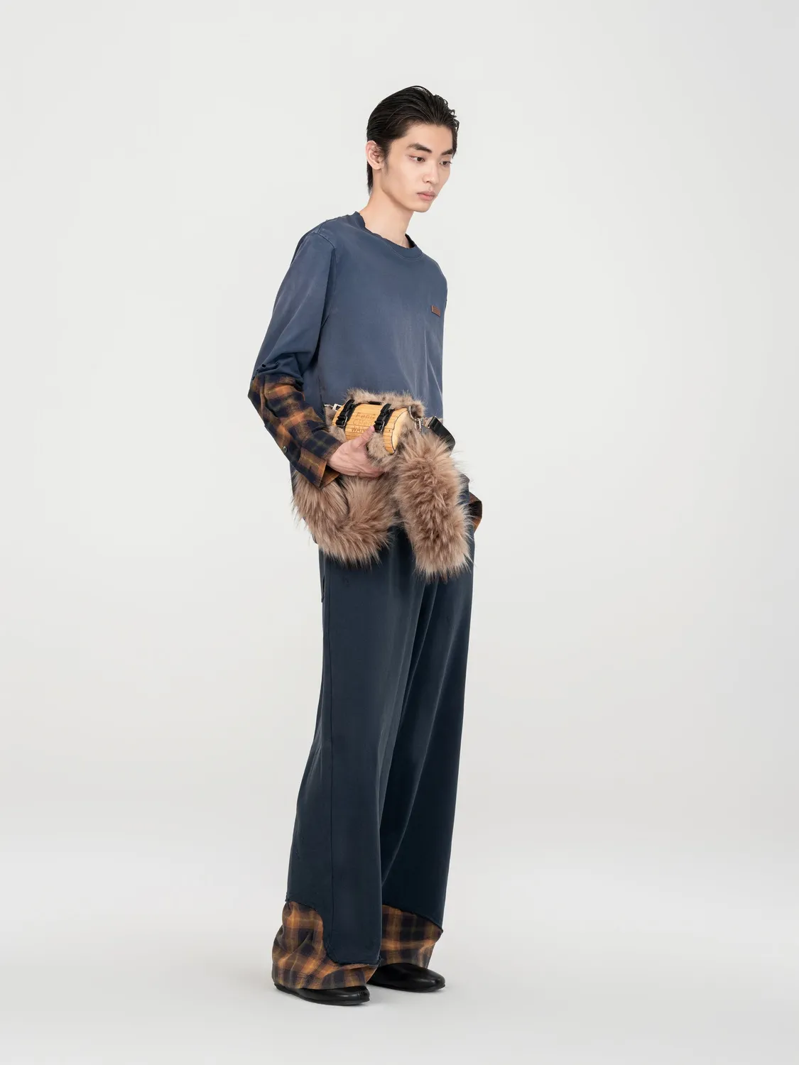 Feng Chen Wang Navy Plaid-Panel bukser ternet