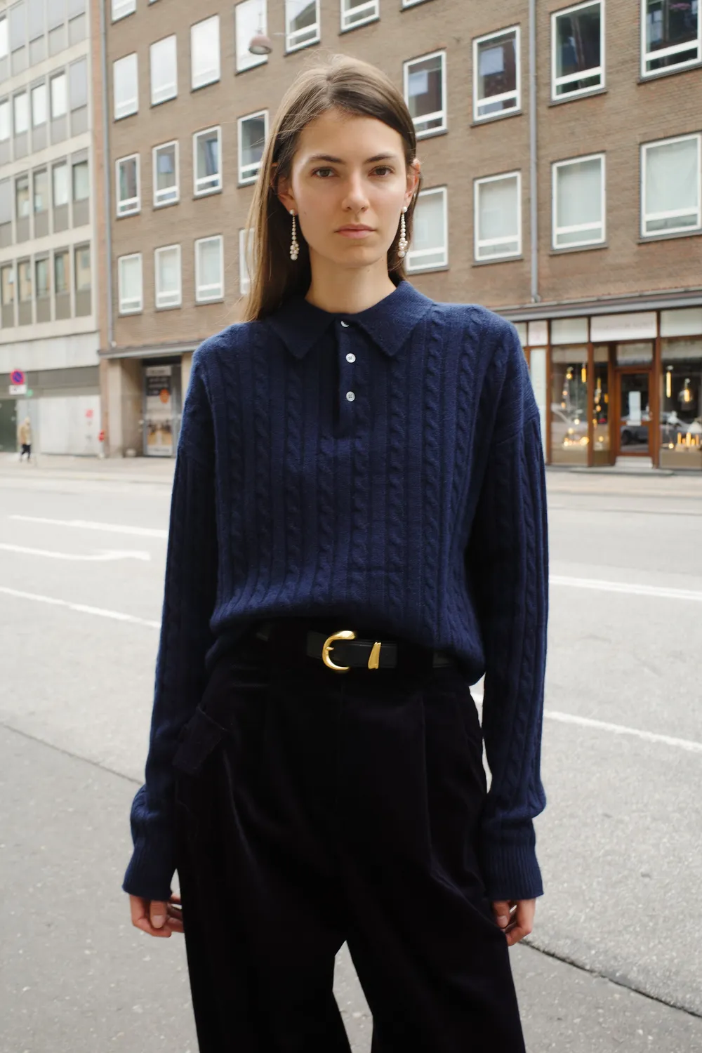 Caro Editions Cable-Knit Polo poloskjorte navy cashmere