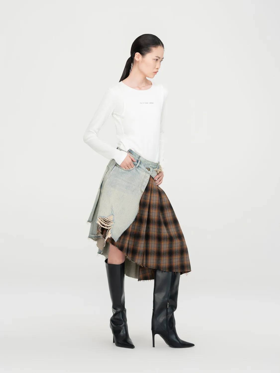 Feng Chen Wang Denim Plaid slåskørt dekonstrueret