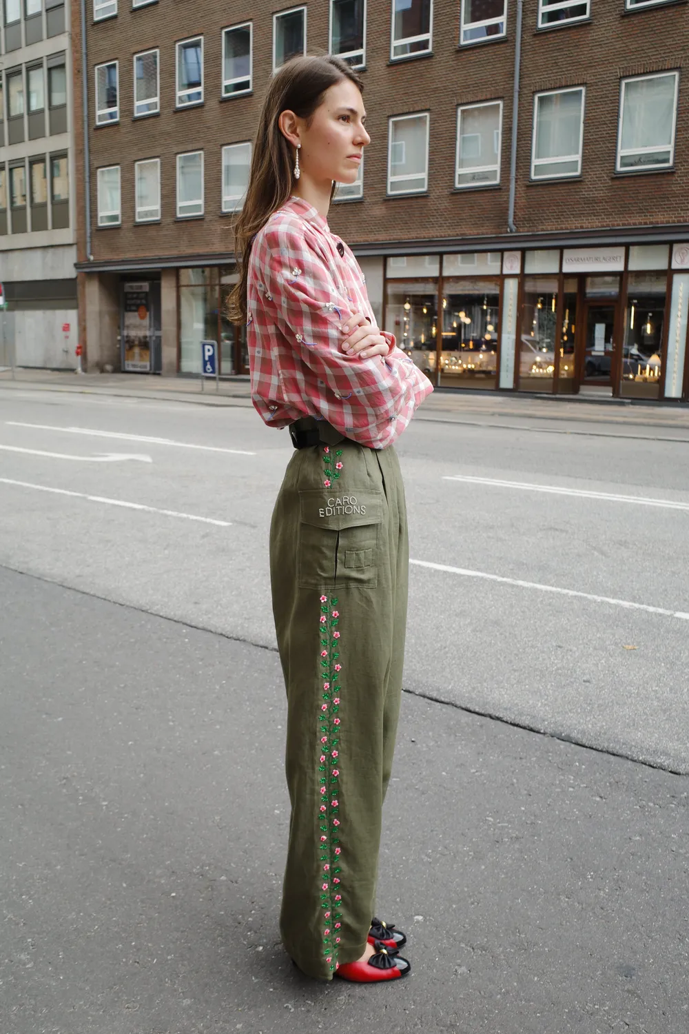 Caro Editions Beatrice bukser oliven hør blomster
