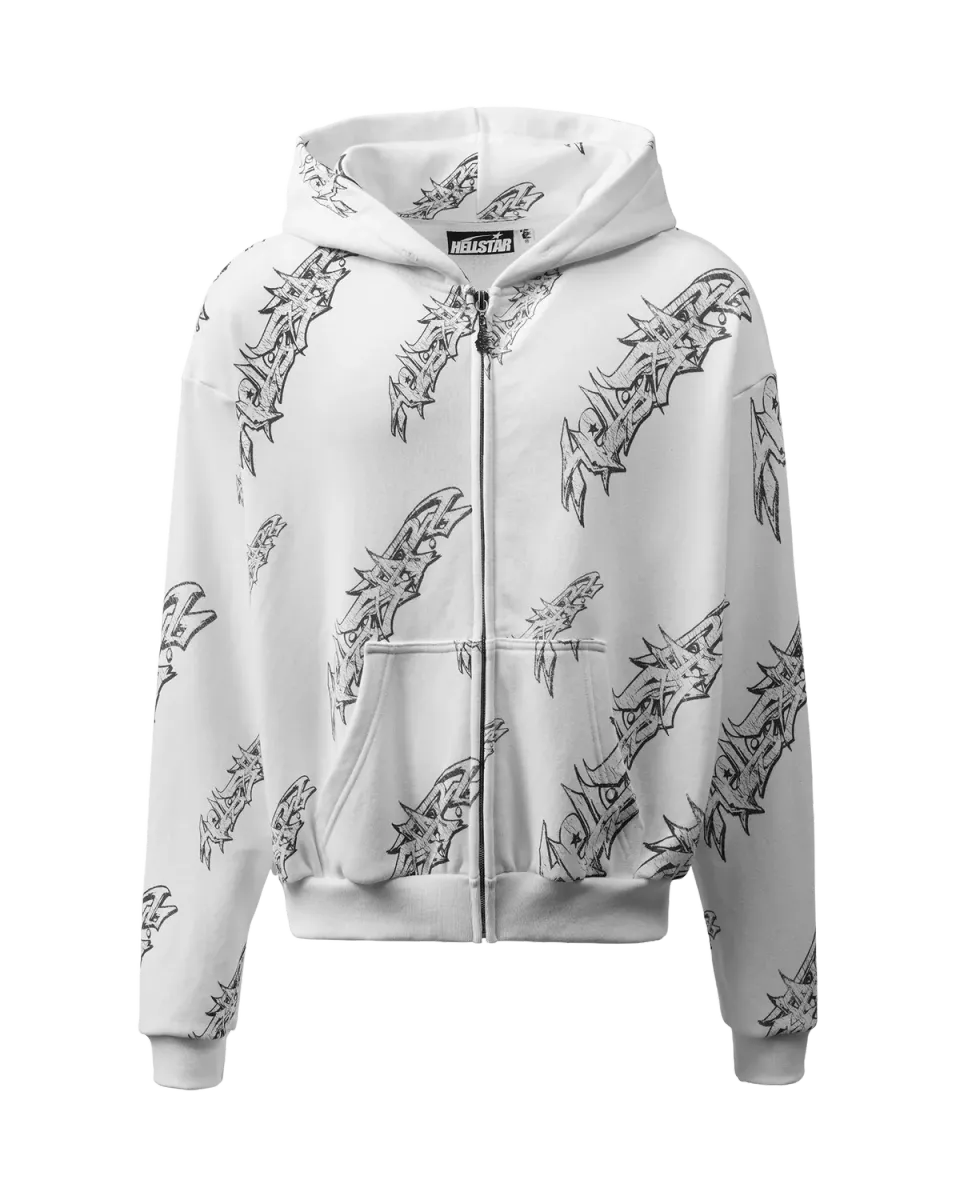 Hellstar Graffiti Zip-Up hoodie hvid fleece oversized