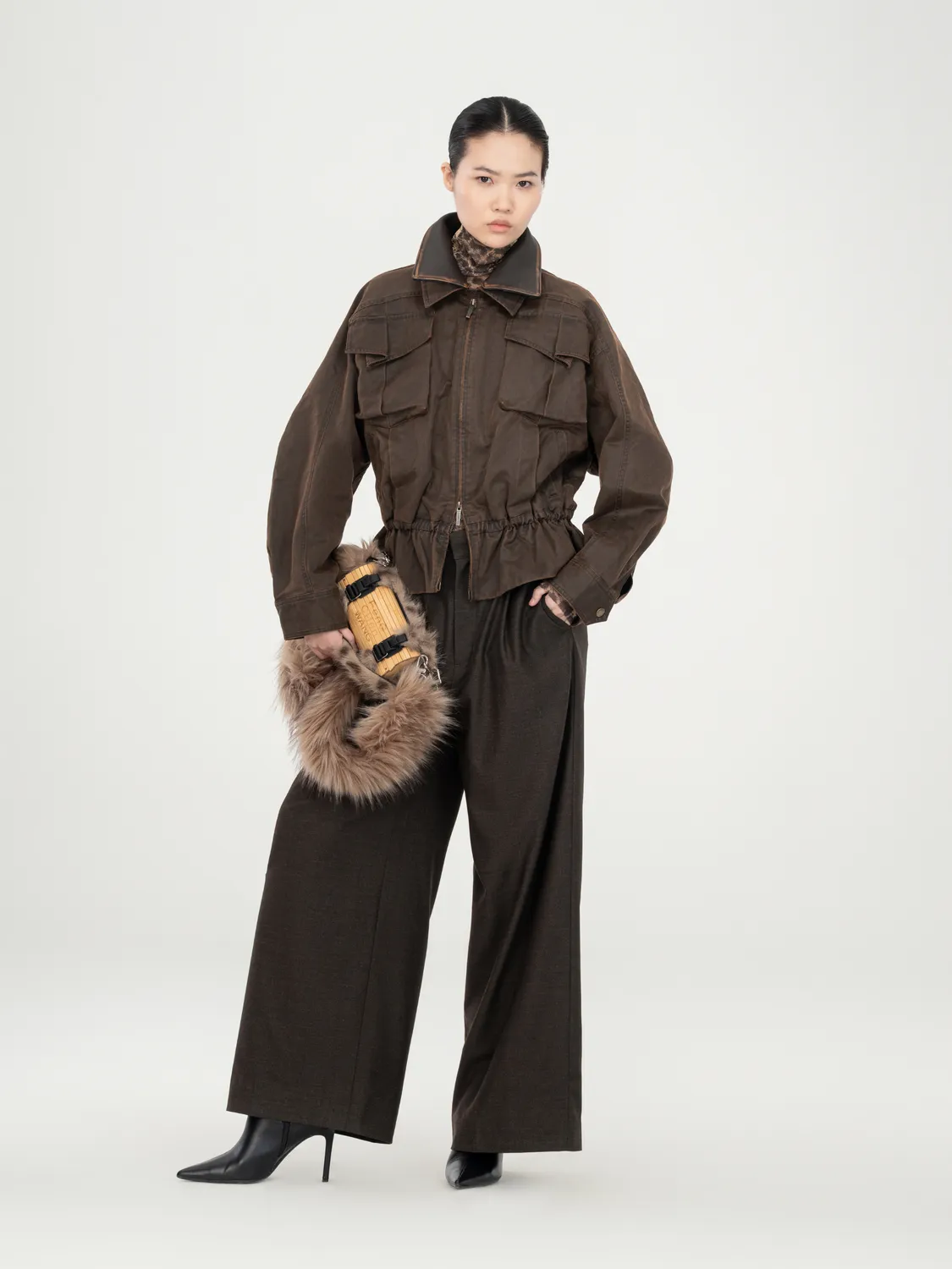 Feng Chen Wang Brown Elastic Waist jakke brun
