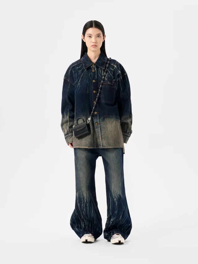 Feng Chen Wang Blue Tie-Dye skjortejakke blå denim