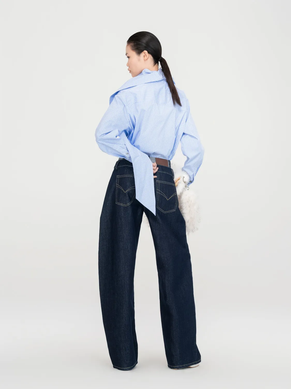 Feng Chen Wang Blue Draped Bluse stribet med tørklæde